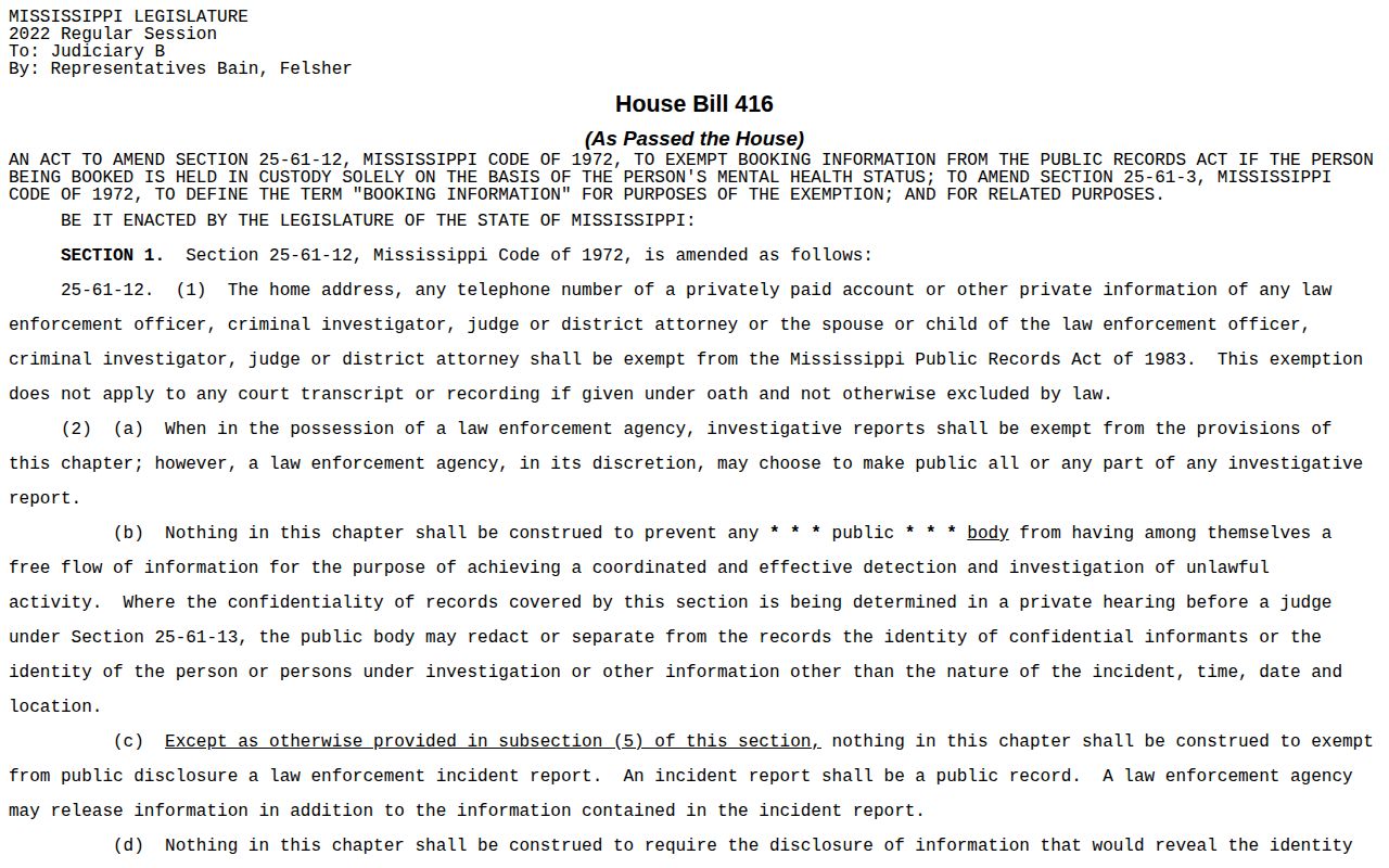 Mississippi public records law source for Sharkey County booking photo access